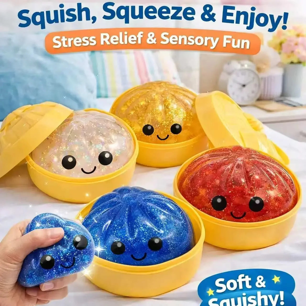 Steamed Bun Stress Relief Fidget Toy with Beads Sparkles Soft Squishy Sensory Decompression Accessory