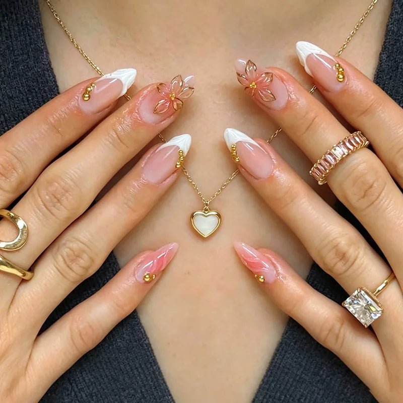 Pink Flower Almond Kawaii Press on Nails