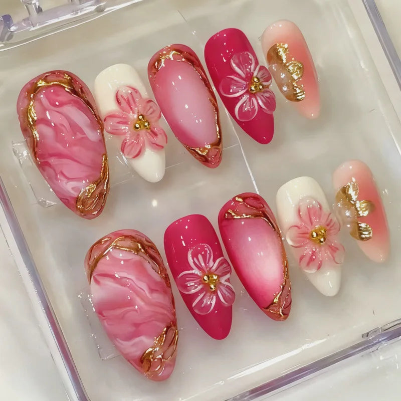 Mid-length Gilded 3D Flower Gradient Almond Reusable Press On Nails