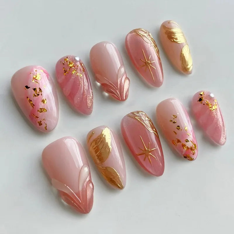 Mid-length Gilded 3D Flower Gradient Almond Reusable Press On Nails