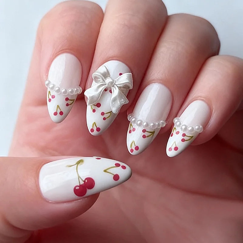 Sweet Cat Eye French Press on Nails Diamond-Pointed Three Dimensional Bow Knot