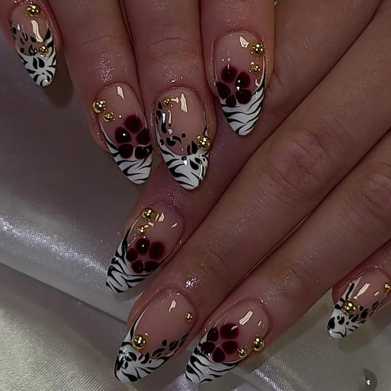 Mid-length Gilded 3D Flower Gradient Almond Reusable Press On Nails