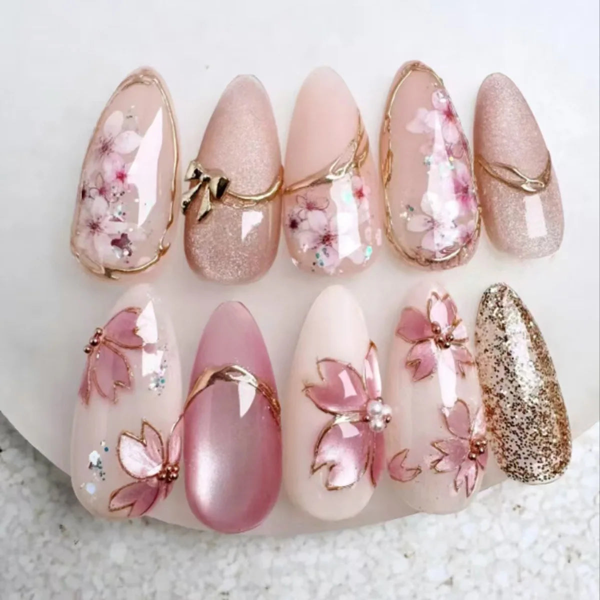 Medium long 3D Floral Decor pink white leopard Press on Nail Y2K