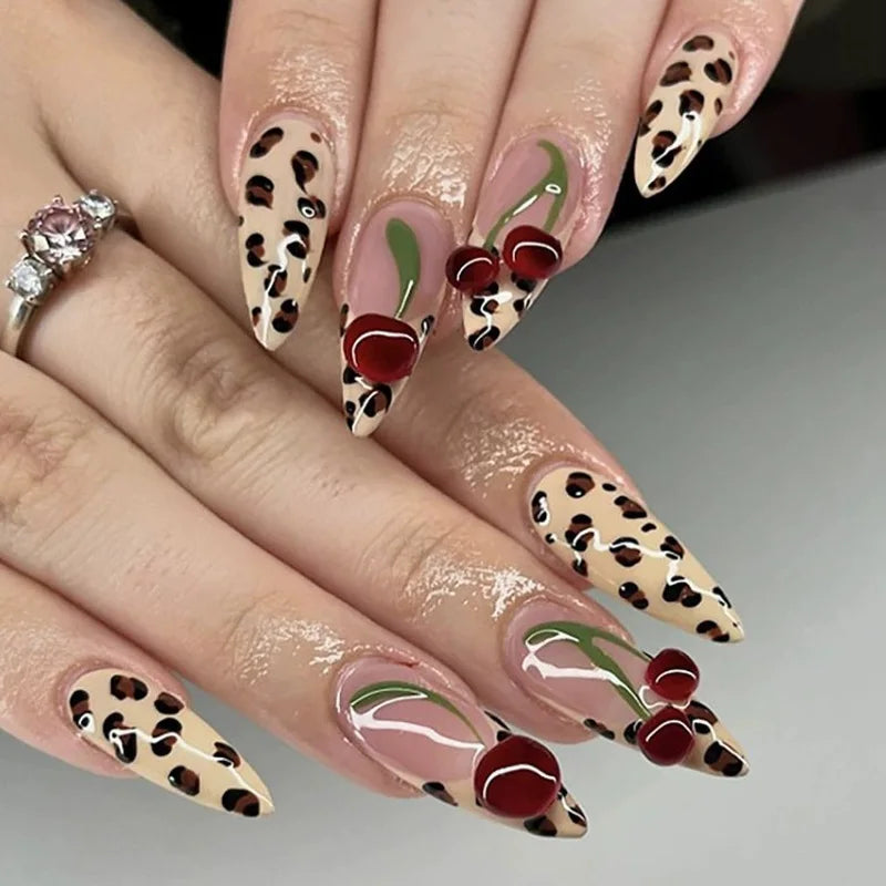 Medium long 3D Floral Decor pink white leopard Press on Nail Y2K