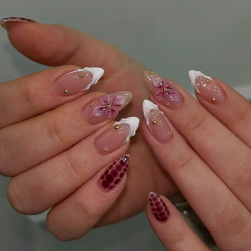 Pink Flower Almond Kawaii Press on Nails