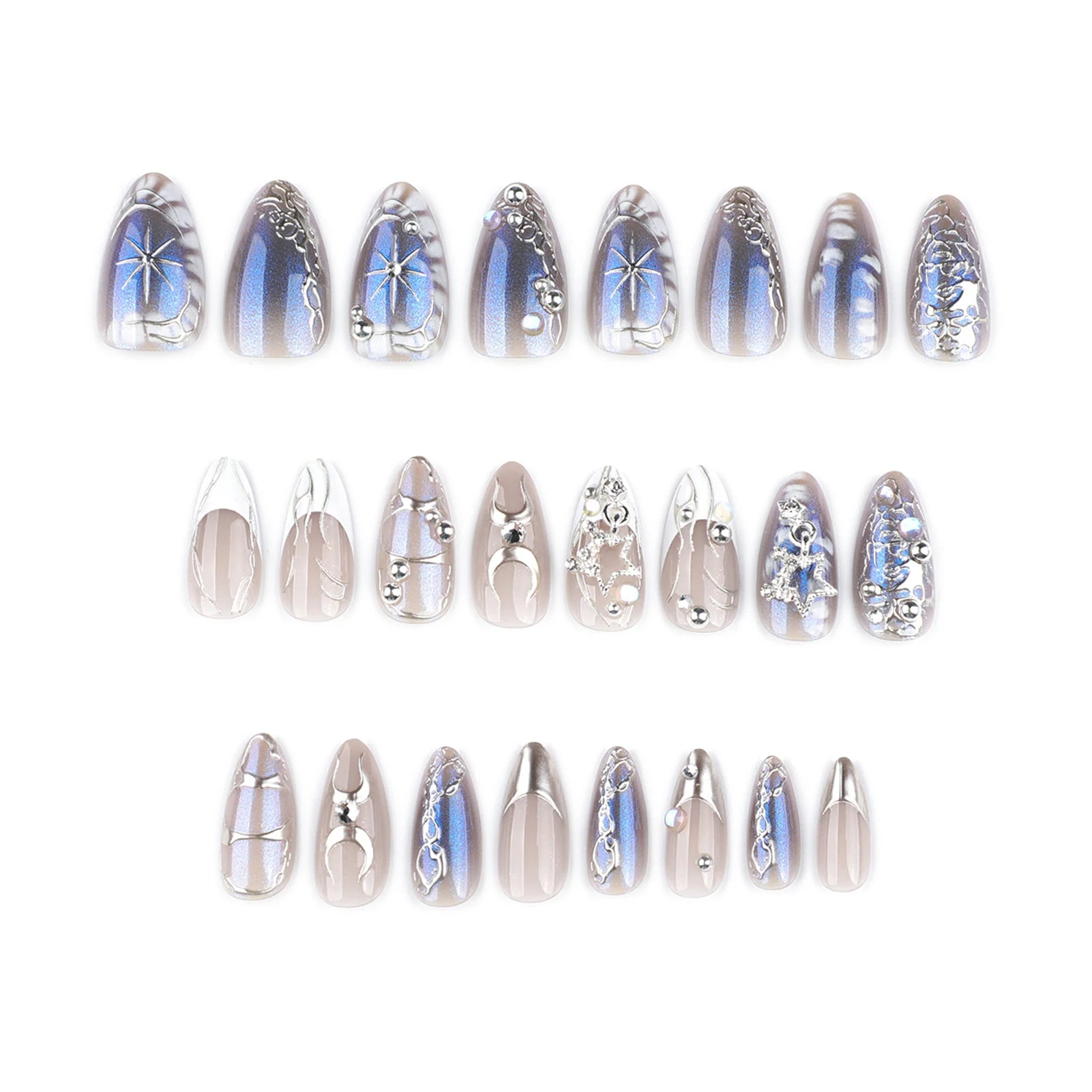 Stiletto Press On Nails Black Silver Bowknot Dissymmetry Nail Art