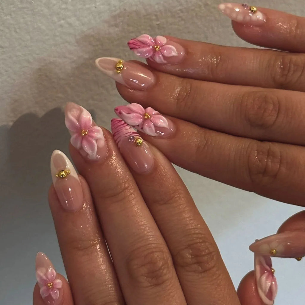 Pink Flower Almond Kawaii Press on Nails