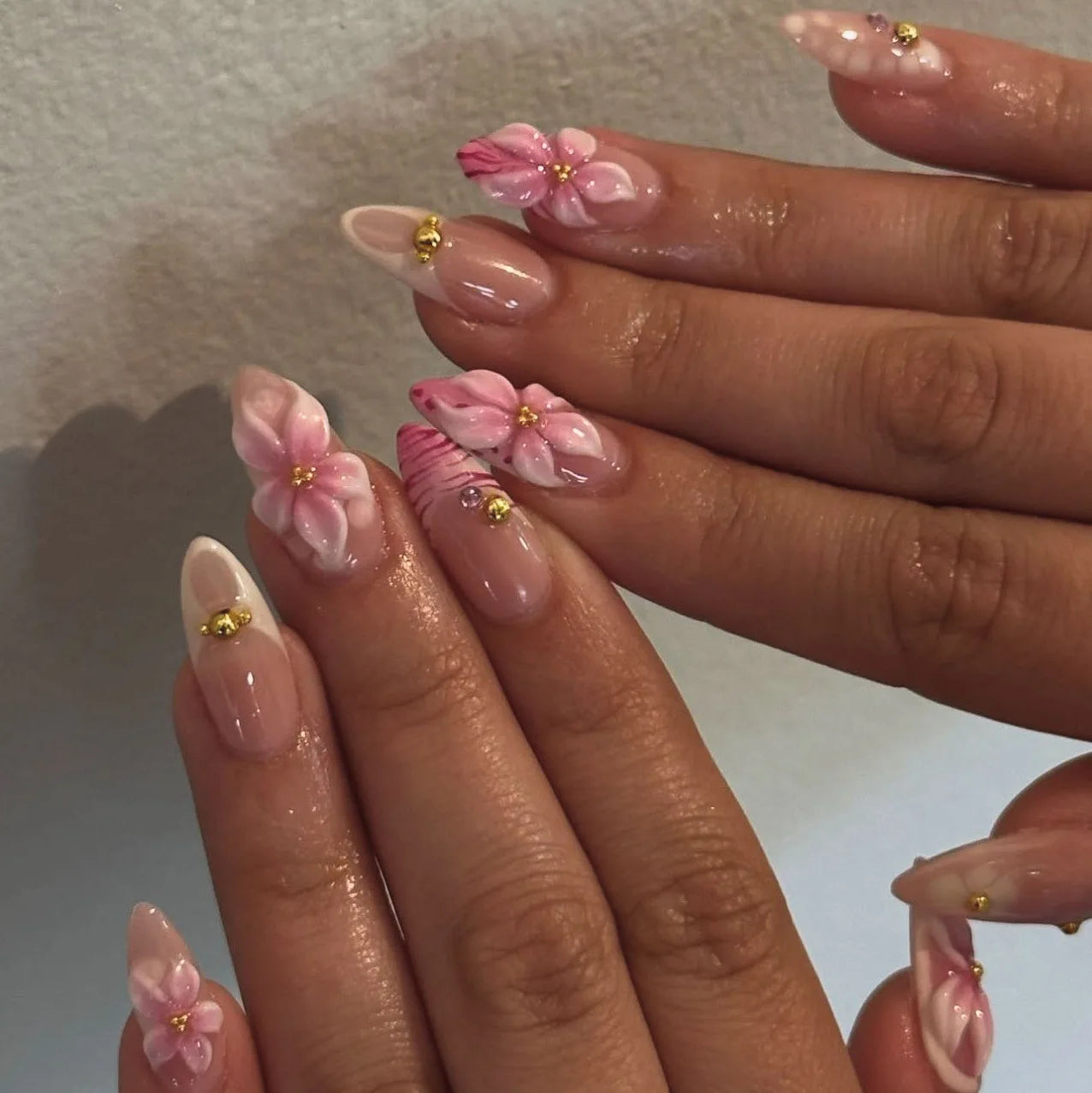 Pink Flower Almond Kawaii Press on Nails