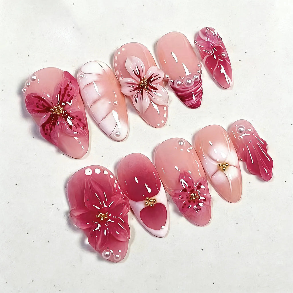Mid-length Gilded 3D Flower Gradient Almond Reusable Press On Nails