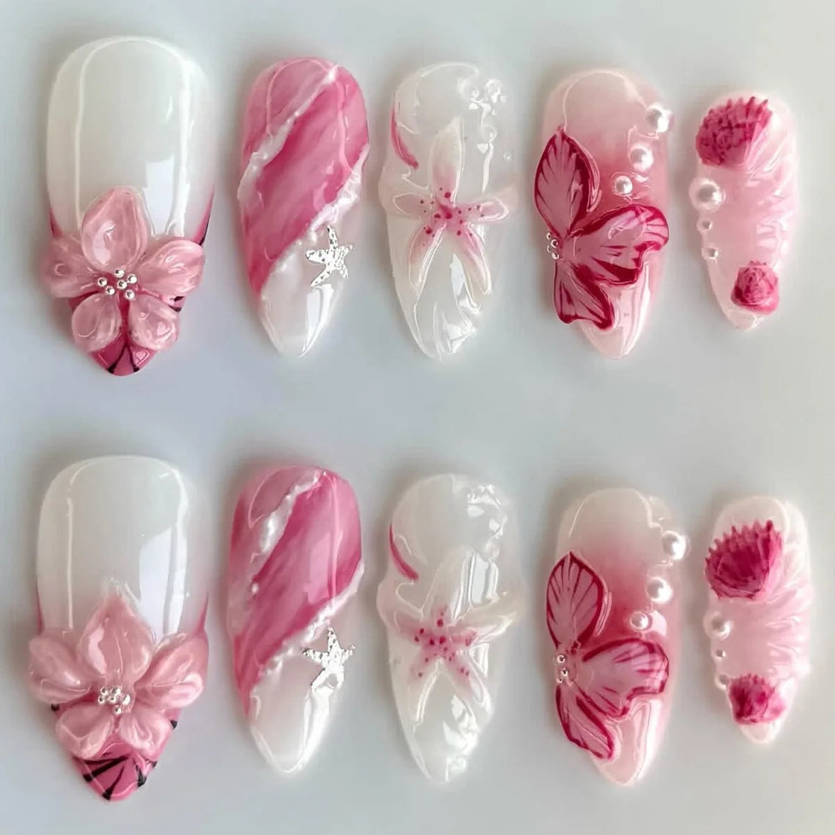 Mid-length Gilded 3D Flower Gradient Almond Reusable Press On Nails