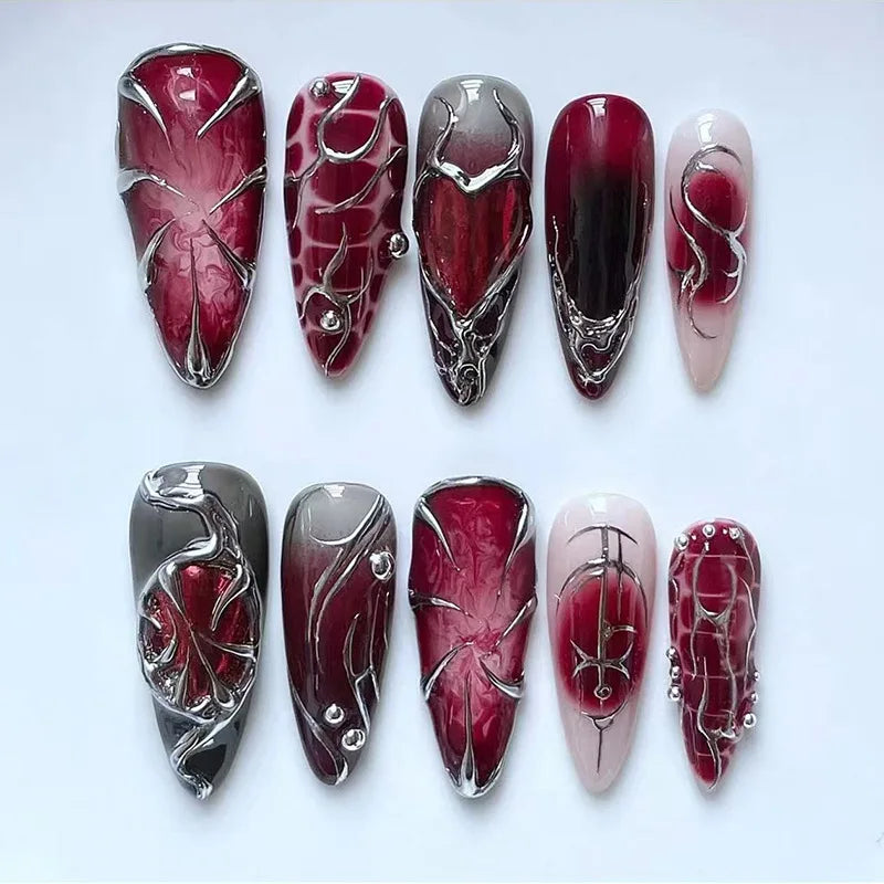 Y2k Press on Nails with Almond Head Design Cat's Eye Silver Stripe Pattern