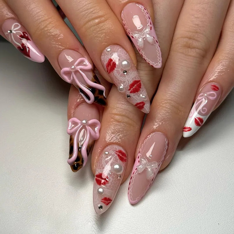 Medium long 3D Floral Decor pink white leopard Press on Nail Y2K