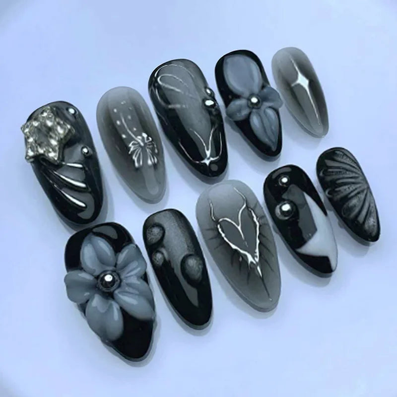 Mid-length Gilded 3D Flower Gradient Almond Reusable Press On Nails