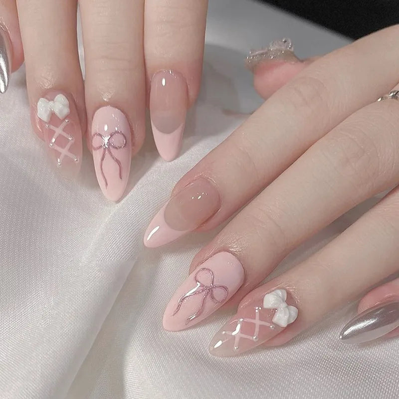 Sweet Cat Eye French Press on Nails Diamond-Pointed Three Dimensional Bow Knot