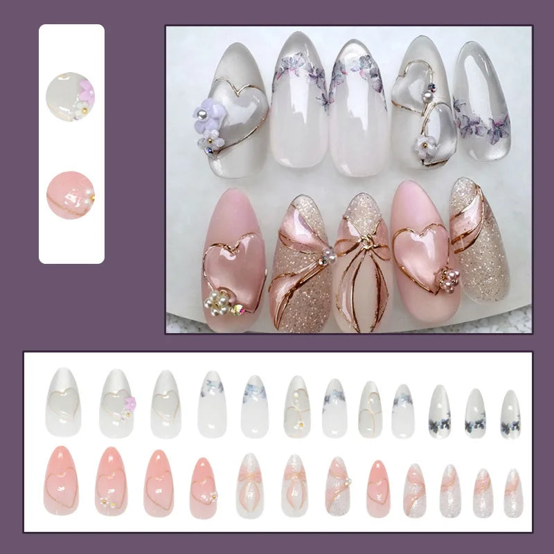 Medium long 3D Floral Decor pink white leopard Press on Nail Y2K