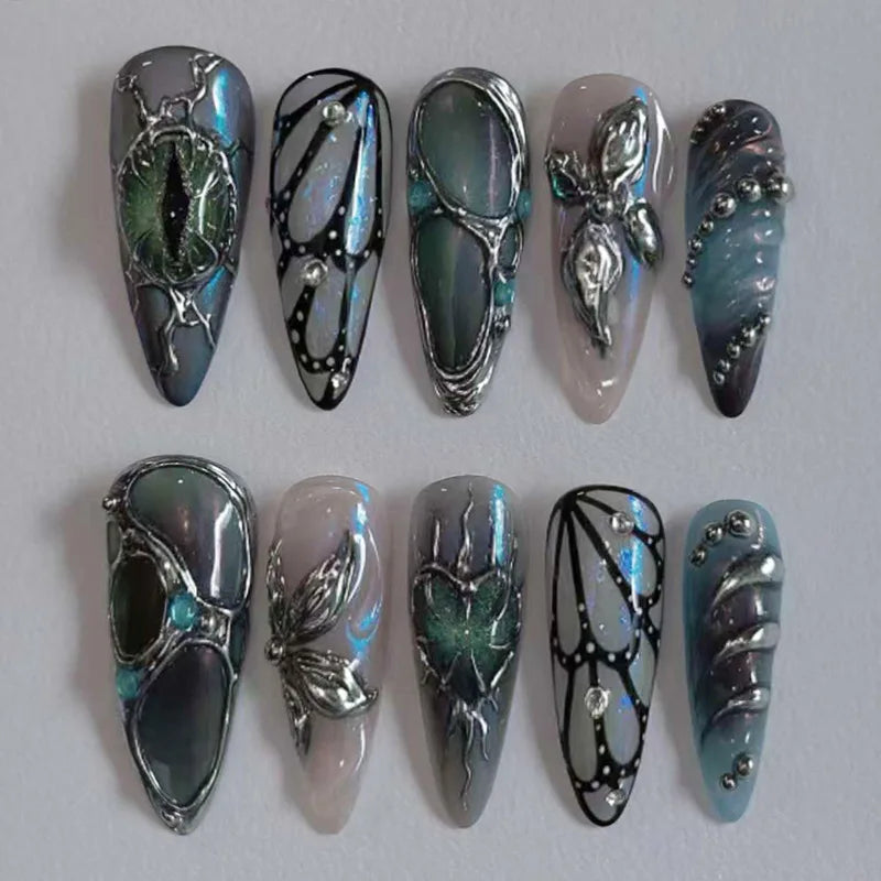 Y2k Press on Nails with Almond Head Design Cat's Eye Silver Stripe Pattern