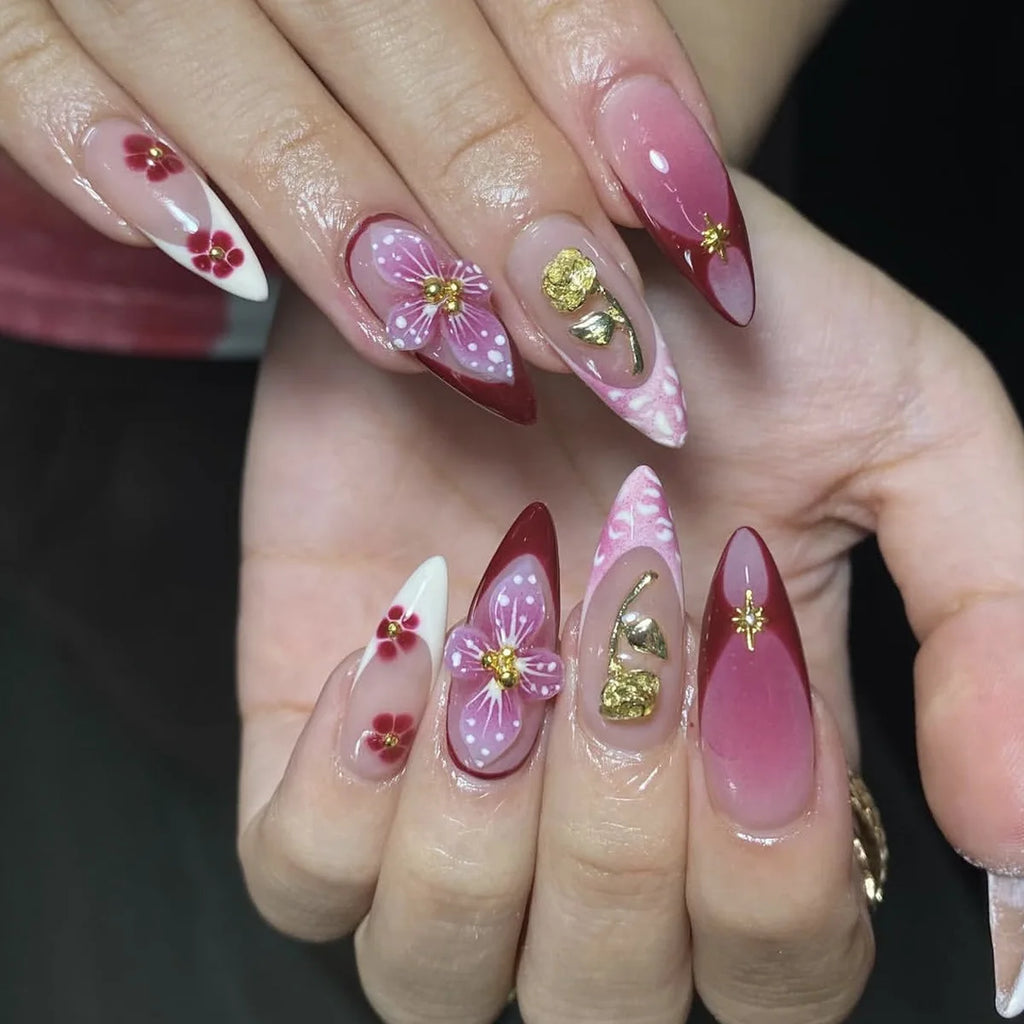 Mid-length Gilded 3D Flower Gradient Almond Reusable Press On Nails