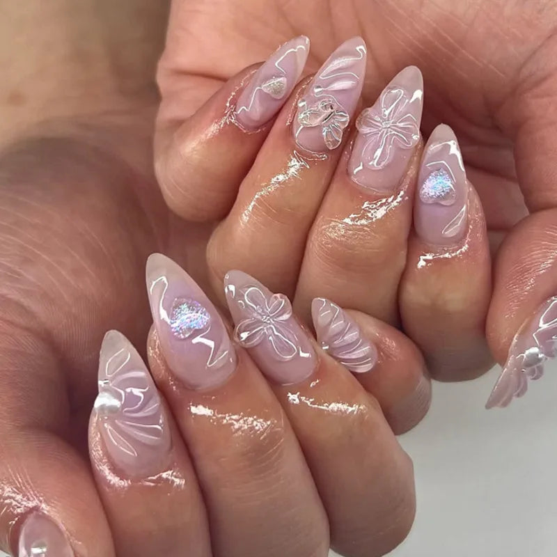 Mid-length Gilded 3D Flower Gradient Almond Reusable Press On Nails
