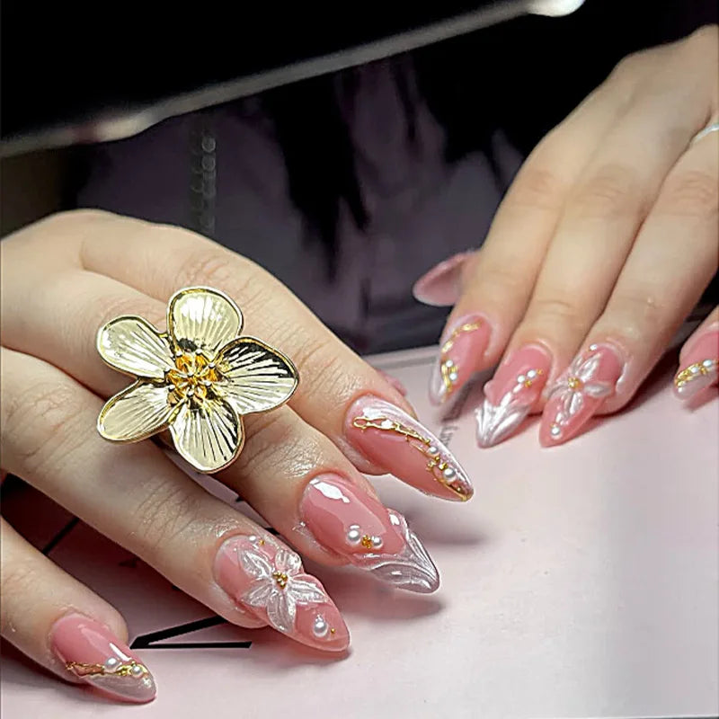 Mid-length Gilded 3D Flower Gradient Almond Reusable Press On Nails