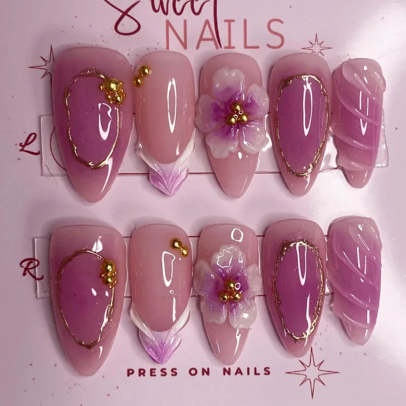 Y2k Press on Nails with Almond Head Design Cat's Eye Silver Stripe Pattern