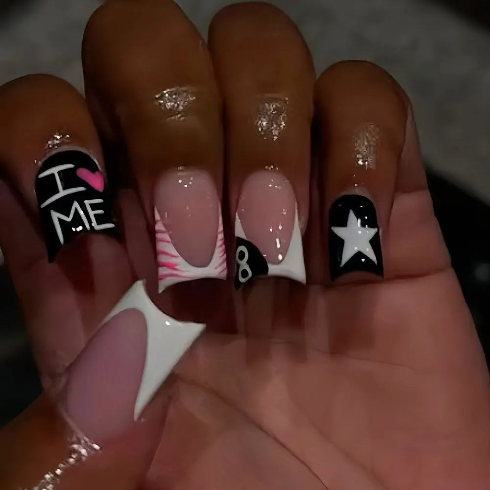 Duck Nail French Tips with Cross, Snake & Rhinestone Design.