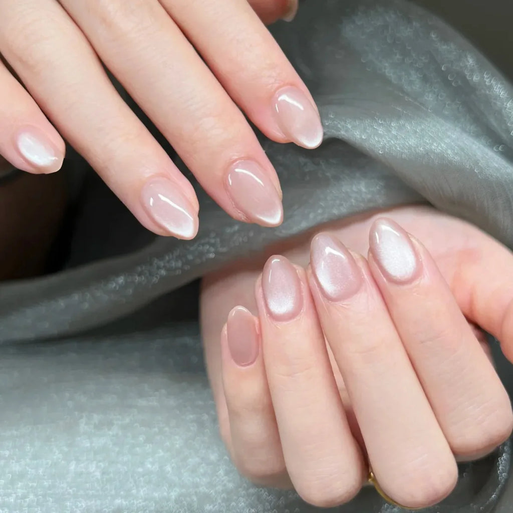 Metallic Cat Eye Sheer Manicure Art Textured 3D Acrylic Almond Medium Press on Nails