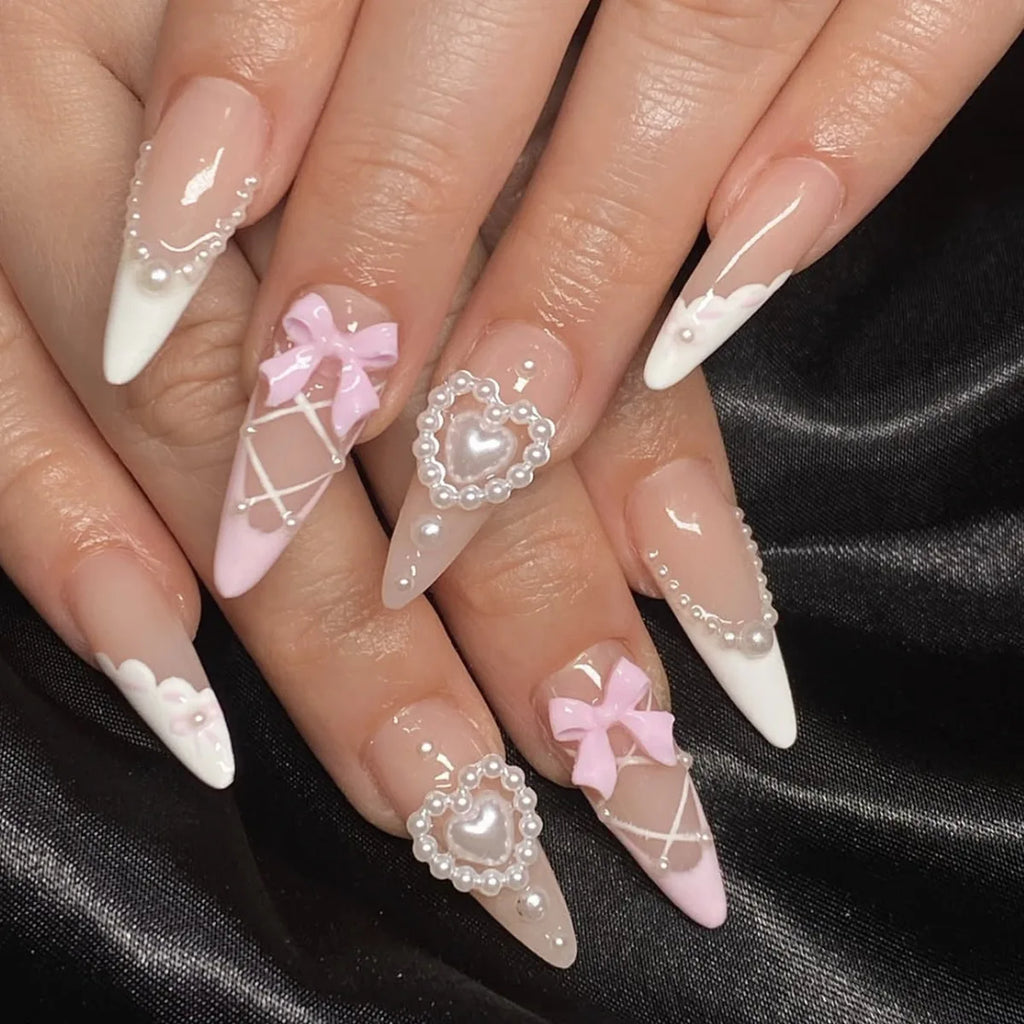 Sweet Cat Eye French Press on Nails Diamond-Pointed Three Dimensional Bow Knot
