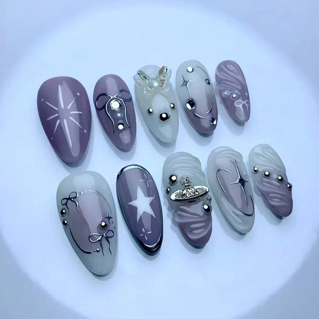 Y2k Press on Nails with Almond Head Design Cat's Eye Silver Stripe Pattern