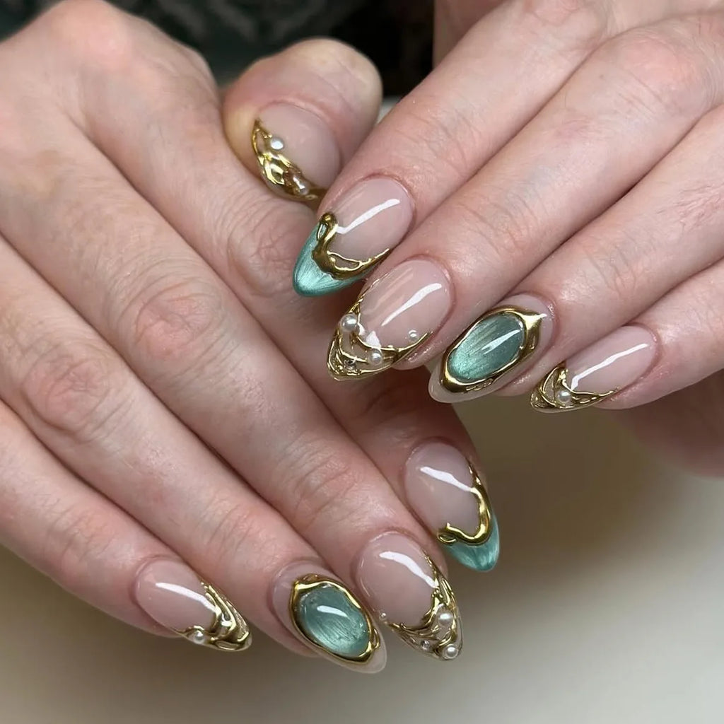 Mid-length Gilded 3D Flower Gradient Almond Reusable Press On Nails
