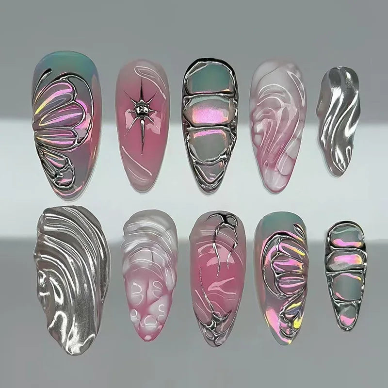 Y2k Press on Nails with Almond Head Design Cat's Eye Silver Stripe Pattern