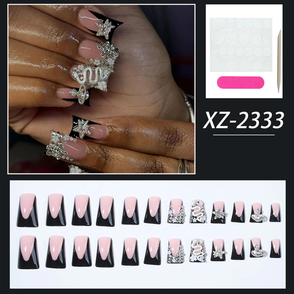 Duck Nail French Tips with Cross, Snake & Rhinestone Design.