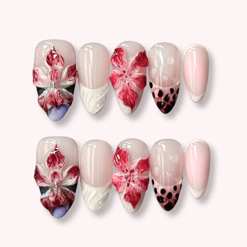 Pink Flower Almond Kawaii Press on Nails