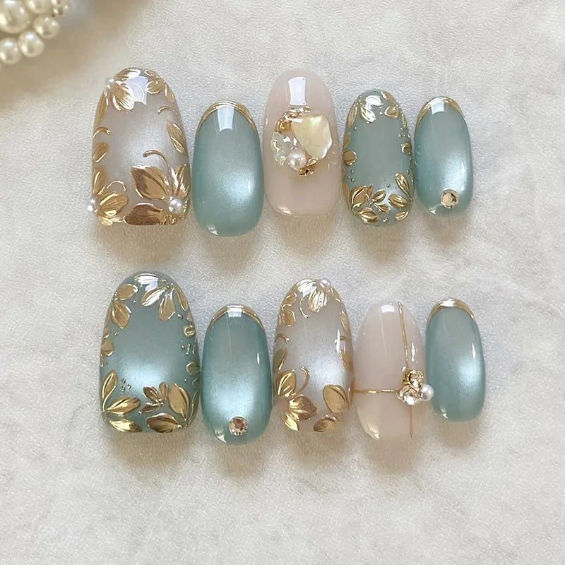 Medium long 3D Floral Decor pink white leopard Press on Nail Y2K