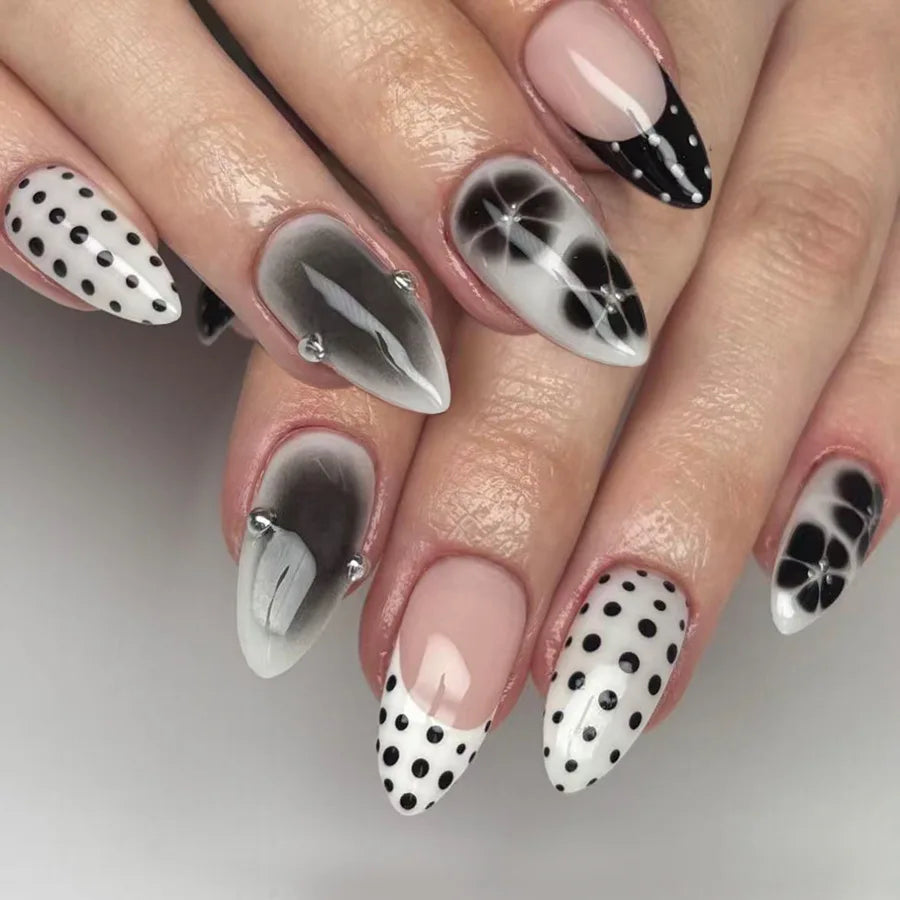 Mid-length Gilded 3D Flower Gradient Almond Reusable Press On Nails