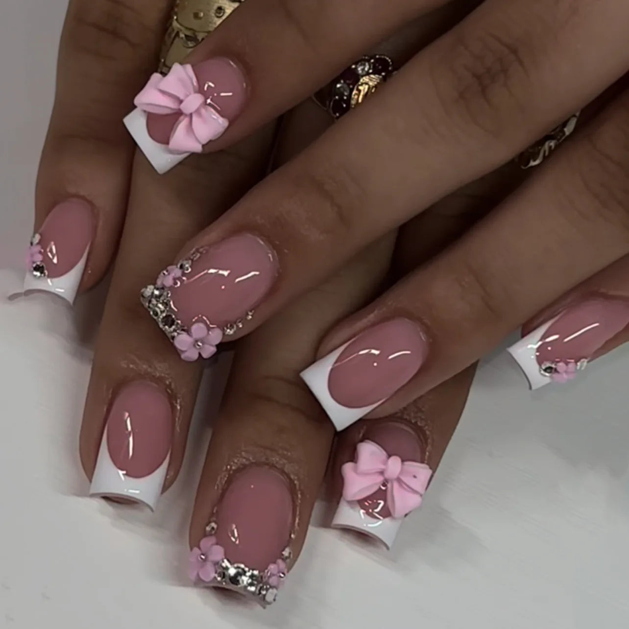 Nude Pink Sweet Press On Nails Short French With 3D Decor