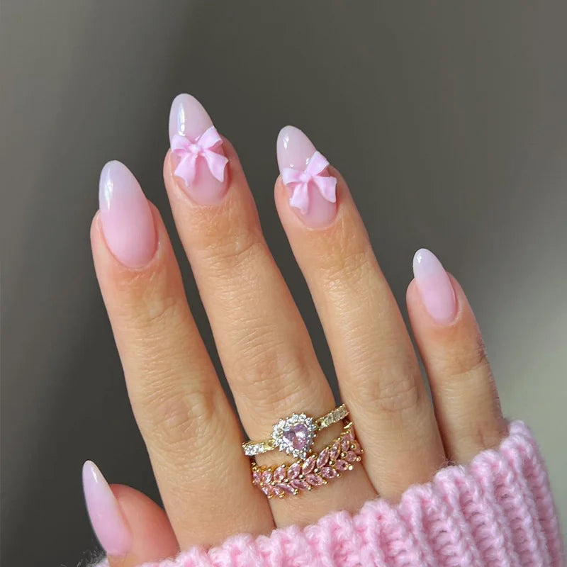 Sweet Cat Eye French Press on Nails Diamond-Pointed Three Dimensional Bow Knot