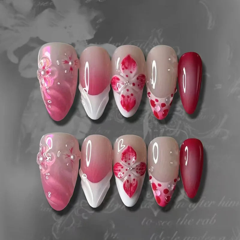 Mid-length Gilded 3D Flower Gradient Almond Reusable Press On Nails