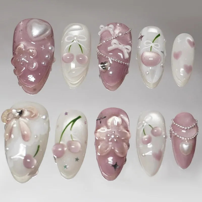 Mid-length Gilded 3D Flower Gradient Almond Reusable Press On Nails