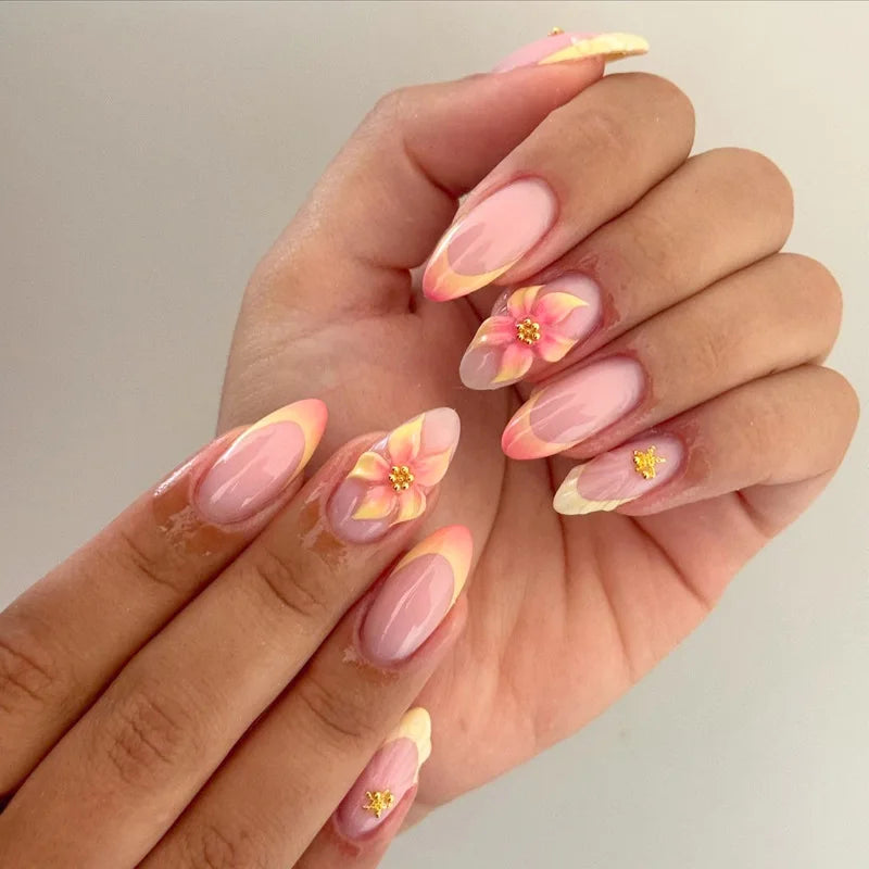 Mid-length Gilded 3D Flower Gradient Almond Reusable Press On Nails