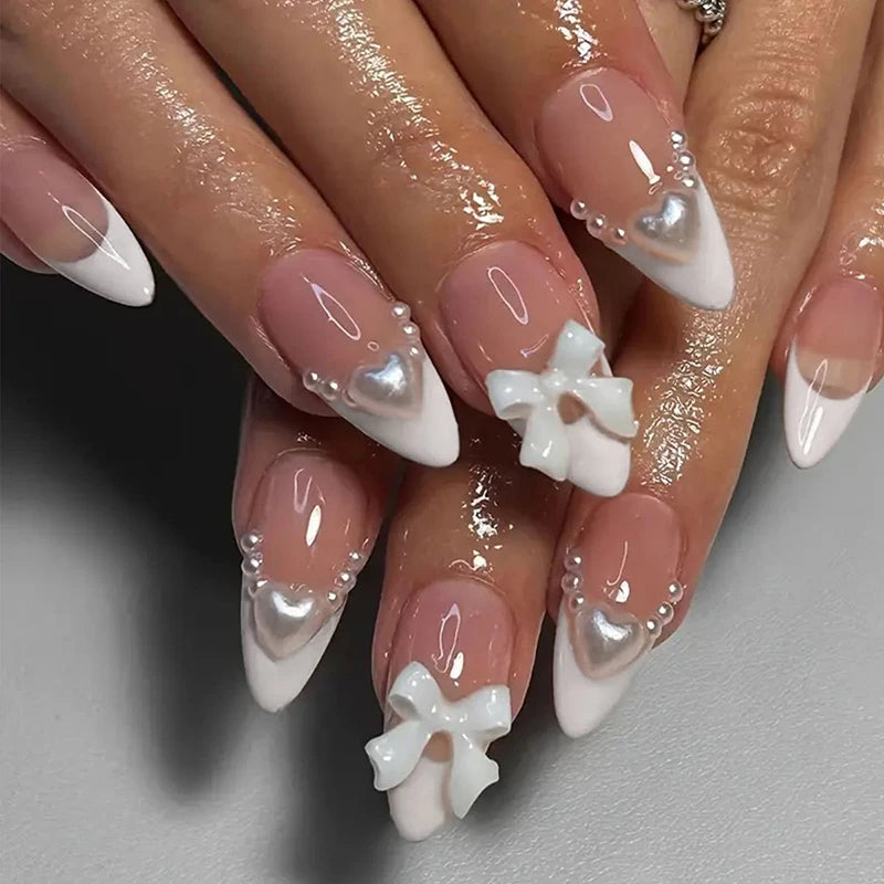 Sweet Cat Eye French Press on Nails Diamond-Pointed Three Dimensional Bow Knot