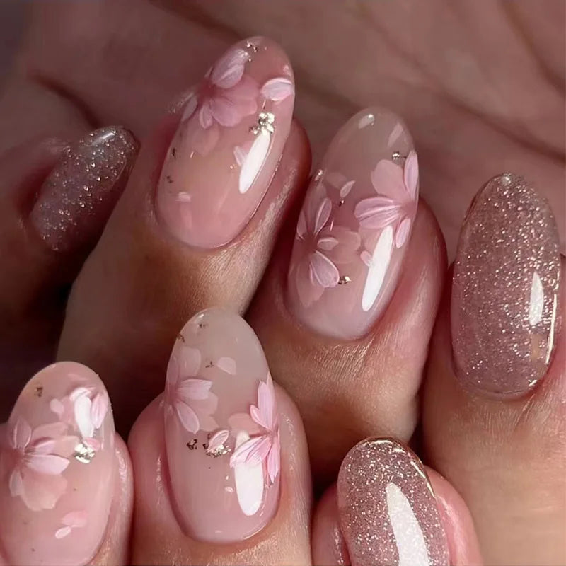 Medium long 3D Floral Decor pink white leopard Press on Nail Y2K