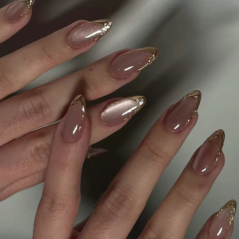 Metallic Cat Eye Sheer Manicure Art Textured 3D Acrylic Almond Medium Press on Nails