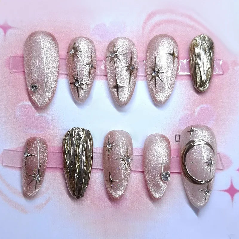 Mid-length Gilded 3D Flower Gradient Almond Reusable Press On Nails