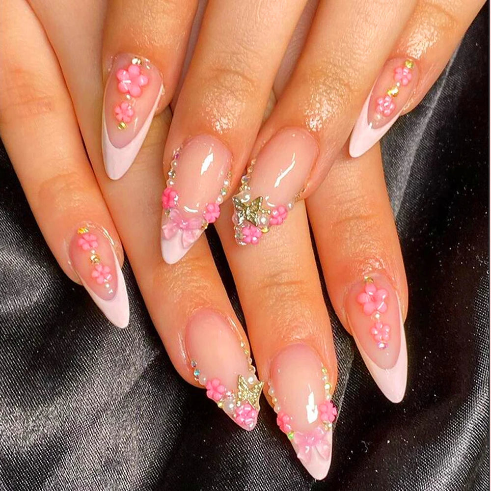 Stunning Retro Flower Y2k Caviar Bead Floral Press on Nails