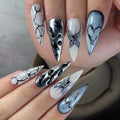 Stiletto Press On Nails Black Silver Bowknot Dissymmetry Nail Art