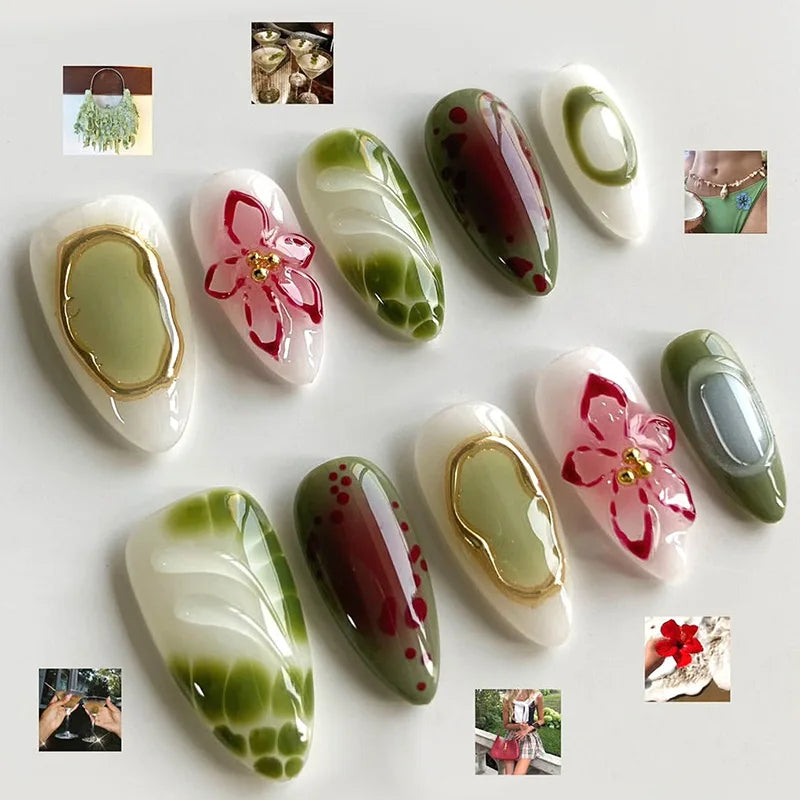 Mid-length Gilded 3D Flower Gradient Almond Reusable Press On Nails