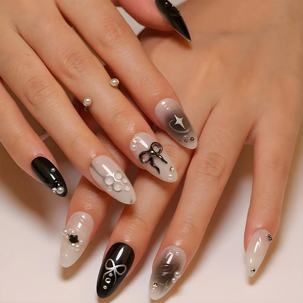 Sweet Cat Eye French Press on Nails Diamond-Pointed Three Dimensional Bow Knot