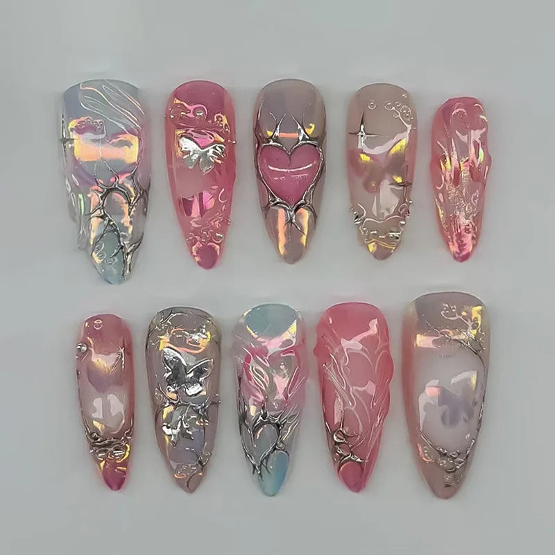 Y2k Press on Nails with Almond Head Design Cat's Eye Silver Stripe Pattern