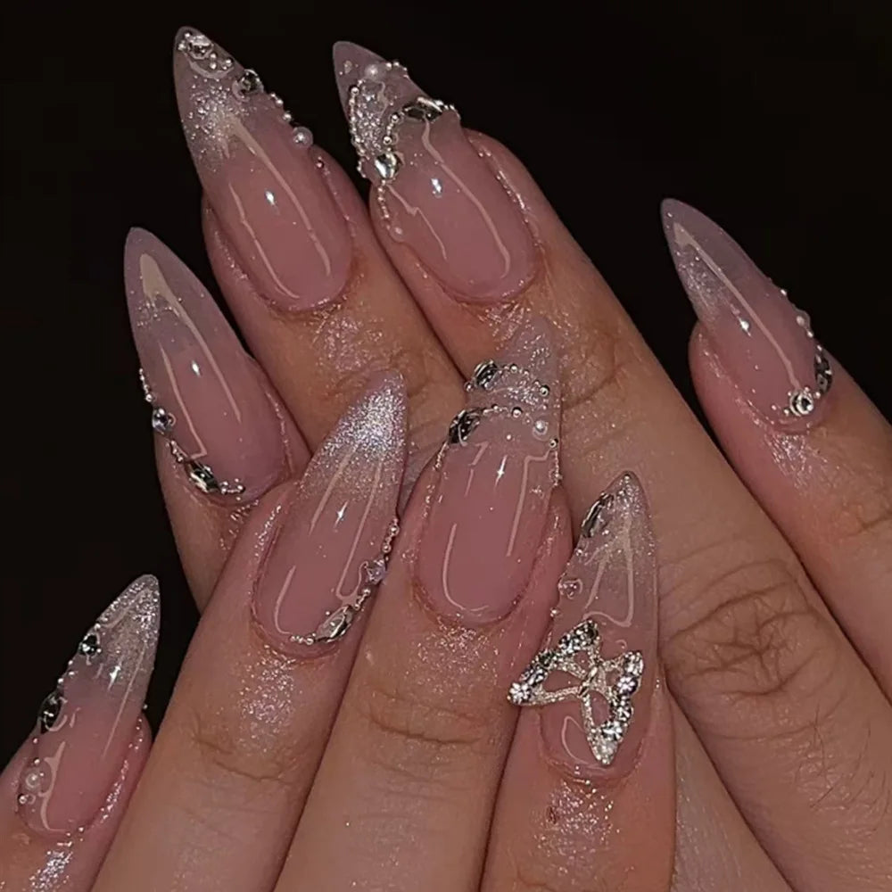 Metallic Cat Eye Sheer Manicure Art Textured 3D Acrylic Almond Medium Press on Nails