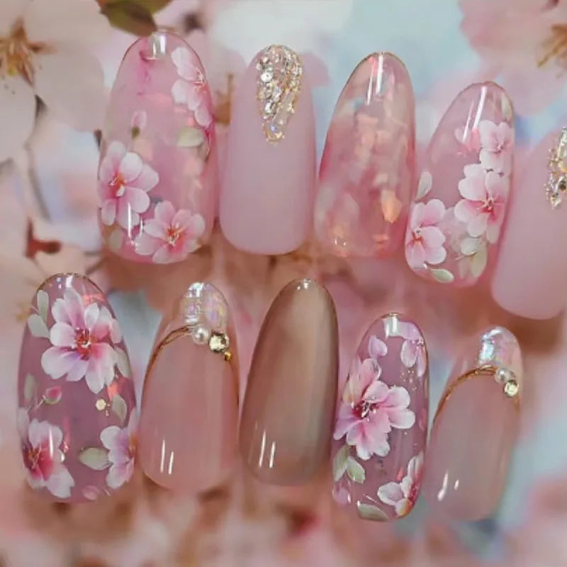 Medium long 3D Floral Decor pink white leopard Press on Nail Y2K